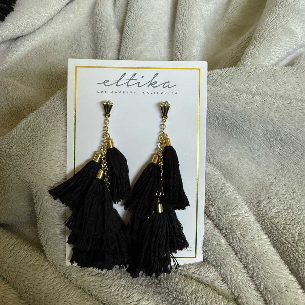 Ettika Black Tassel Drop Earrings with Gold Accents